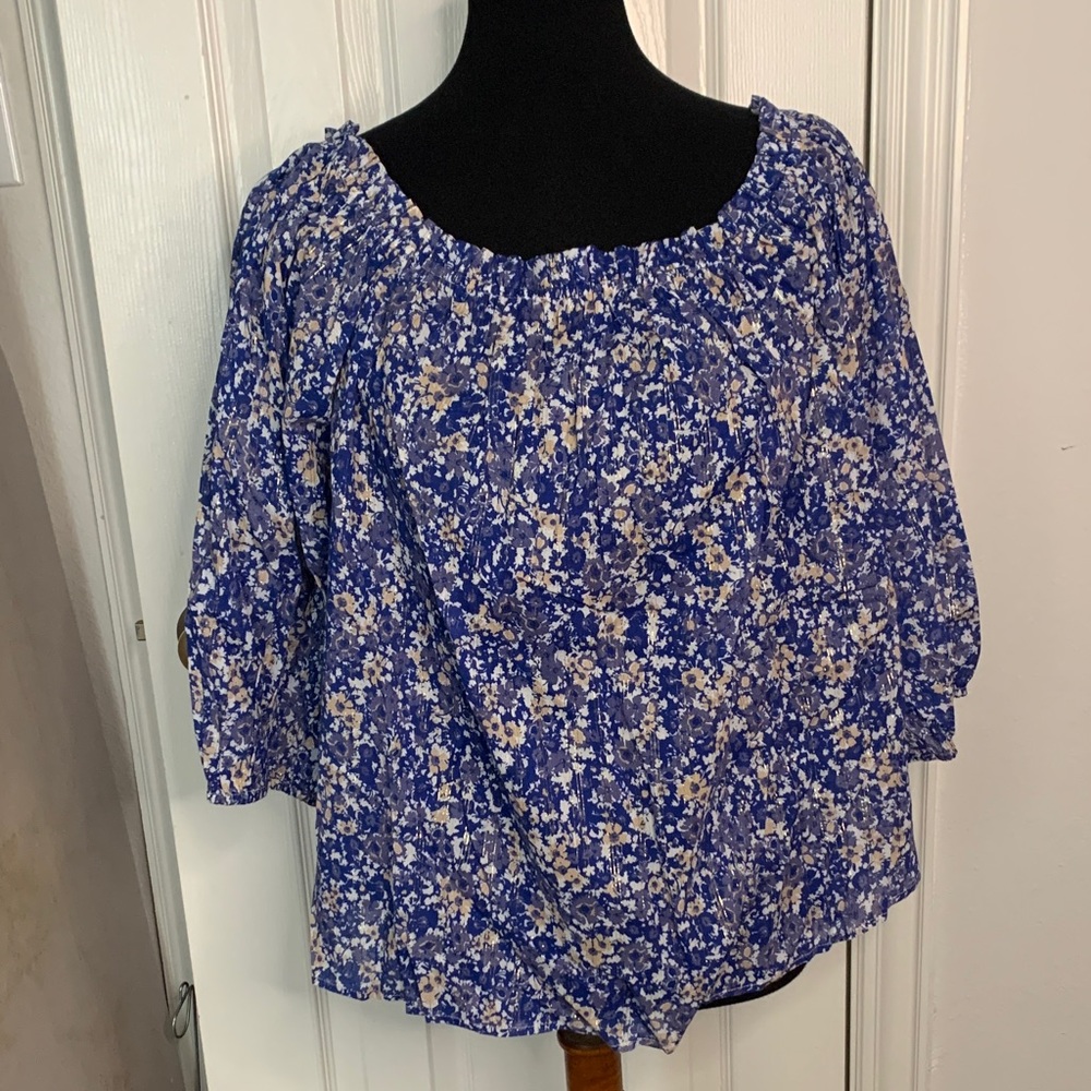 Women's Blue Floral Off-Shoulder Peasant Blouse